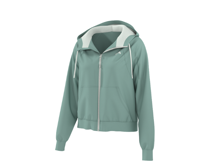 Casaco com capuz feminino cor menta com fecho e cordões brancos.