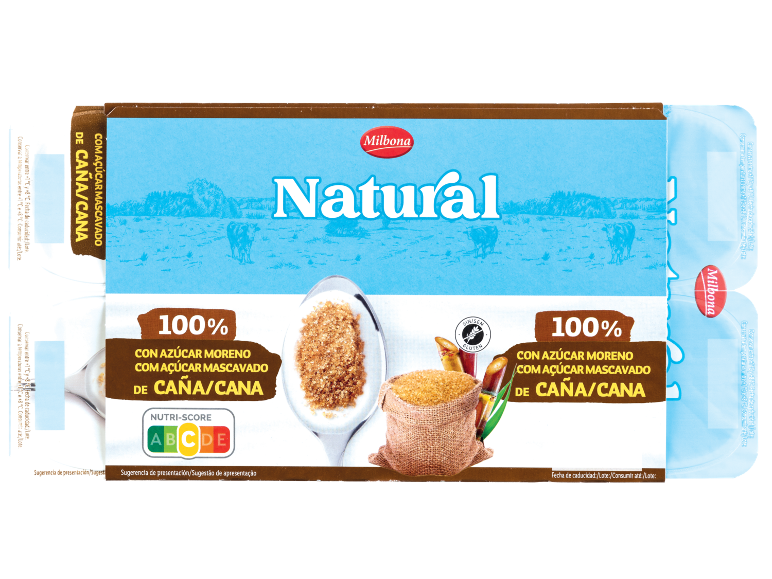 Embalagem de iogurte natural com açúcar de cana, com gráficos de vacas e paisagem.