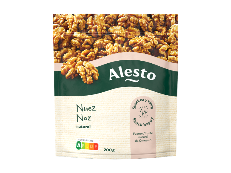 Saco de nozes naturais com a indicação 'Snackea y vibra, snack happy' e 'Fonte natural de Ómega-3'.