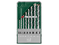 Um conjunto de brocas para alvenaria de 3 a 10 mm numa caixa verde e transparente.