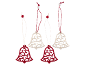 Conjunto de quatro sinos de Natal, dois vermelhos e dois brancos, com um padrão vazado.
