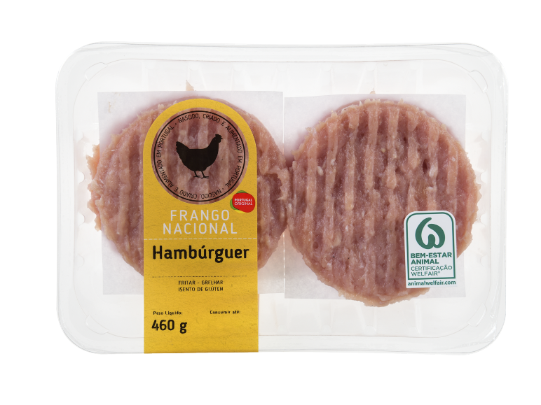 Embalagem de 460g de hambúrgueres de frango Frango Nacional, com o rótulo «Portugal Original».