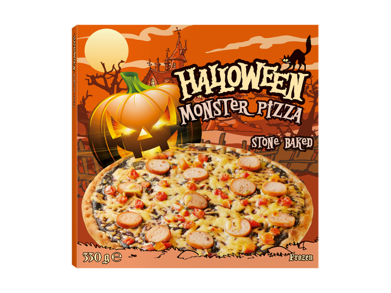Pizza congelada de Halloween com abóbora e casa assombrada, 330g.