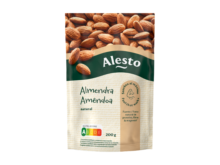 Saco de amêndoas naturais com rótulo Nutri-Score A e peso de 200 g.