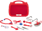 Mala de médico de brinquedo vermelha com estetoscópio, óculos e outros instrumentos médicos.