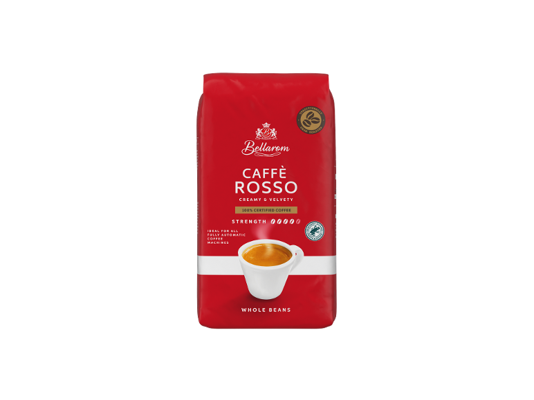 Embalagem vermelha de grãos de café com uma chávena de café, 'Caffè Rosso' e informações de intensidade.