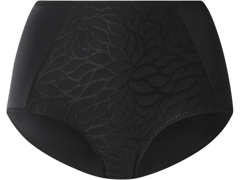 Cuecas femininas pretas com padrão de folhas em relevo.
