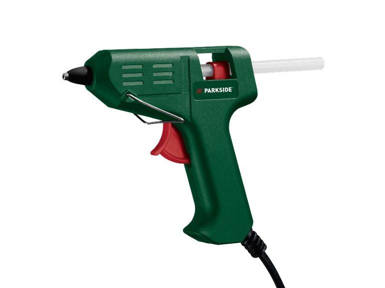 Pistola de cola quente verde com gatilho vermelho e bastão de cola branco