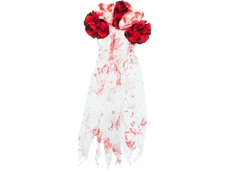 Bandolete floral vermelha e branca com véu de renda ensanguentado, perfeita para o Halloween.