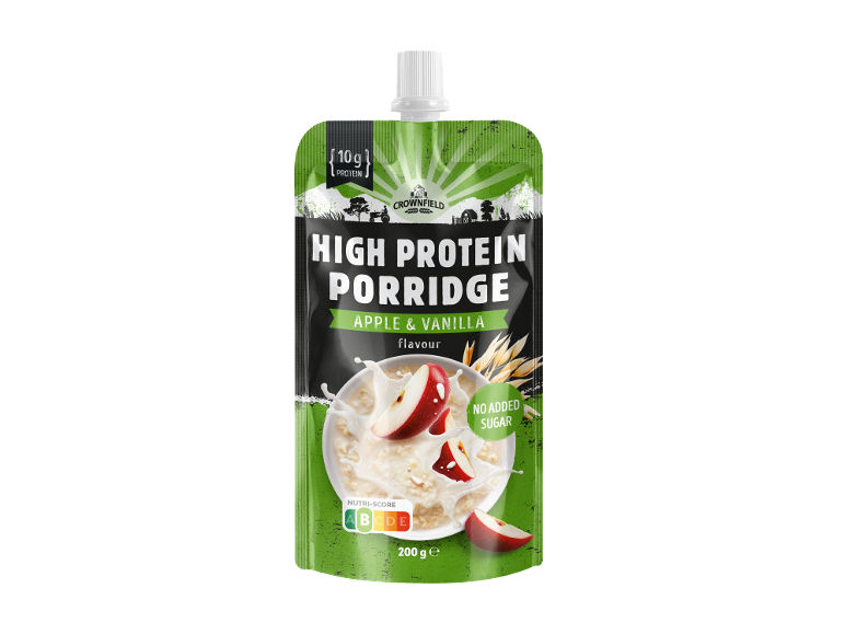Saqueta de papas de aveia de alta proteína, maçã e baunilha, com 10g de proteína e sem açúcar.