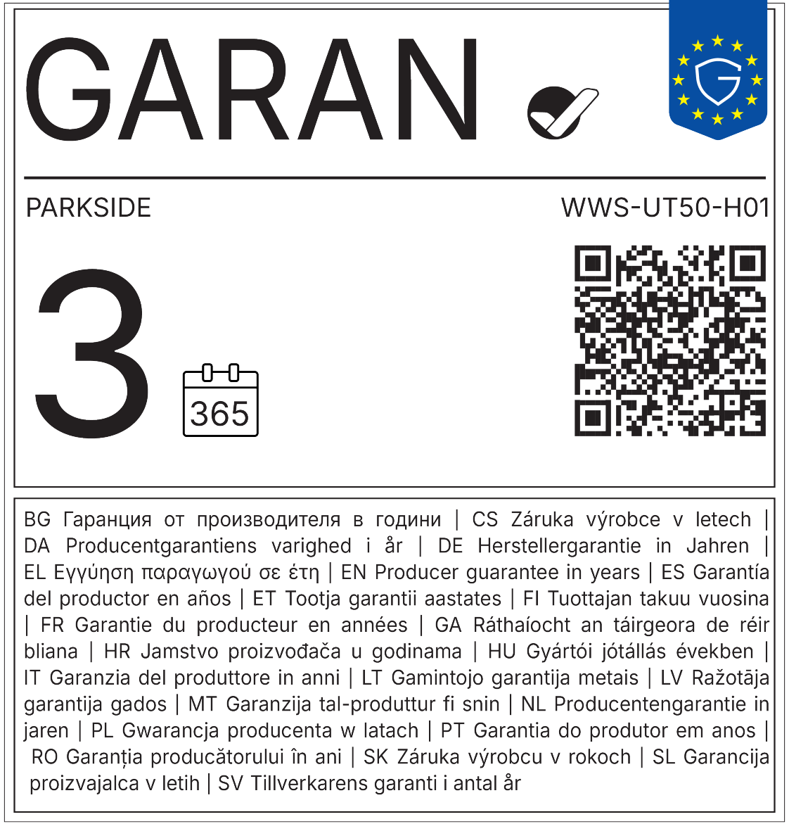 Selo de garantia do fabricante: 3 anos (365 dias), com código QR.