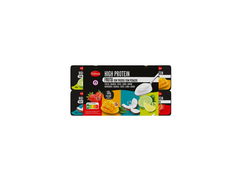 Iogurtes de alta proteína com fruta, incluindo morango, manga, coco e lima-limão.