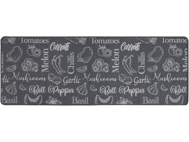 Tapete de cozinha cinzento com ilustrações brancas e texto de vegetais como tomates, cenouras, cogumelos e pimentões.