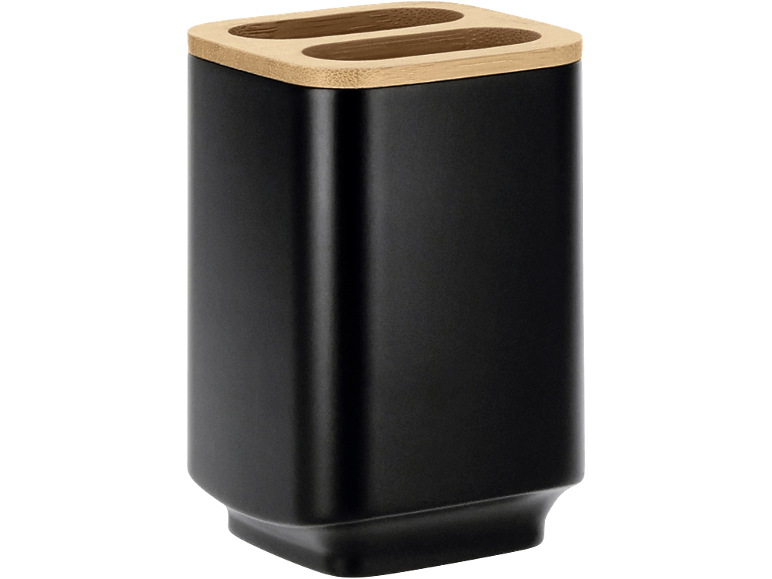Suporte para escovas de dentes preto mate com tampa de bambu.