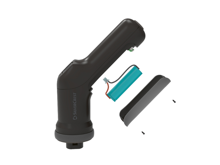 Ferramenta manual sem fio desmontada com bateria e tampa removível.
