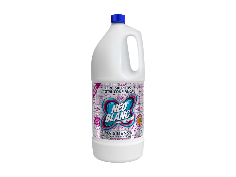 Garrafa branca de lixívia em gel densa para casa e roupa, com tampa azul.