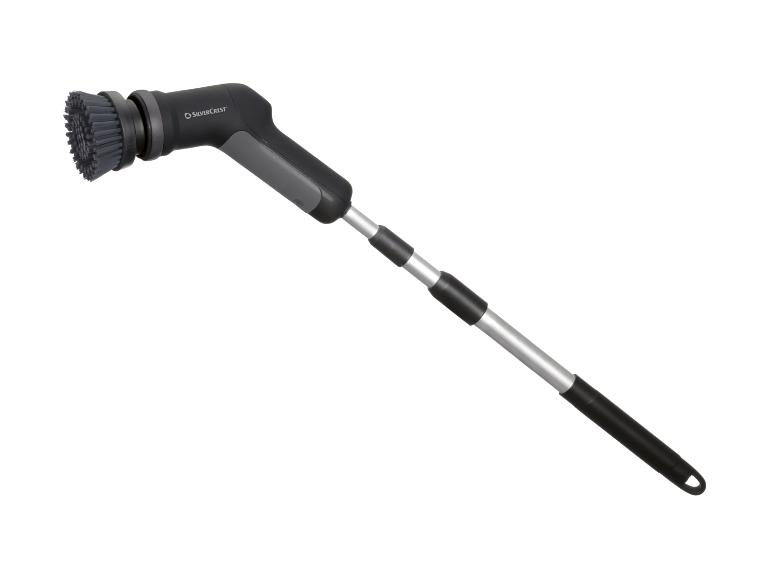 Escova de limpeza elétrica com cabo telescópico, cinzenta e preta.