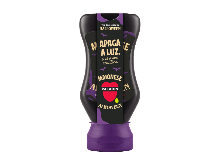 Edição limitada de maionese de alho para o Halloween numa embalagem preta com tampa roxa.