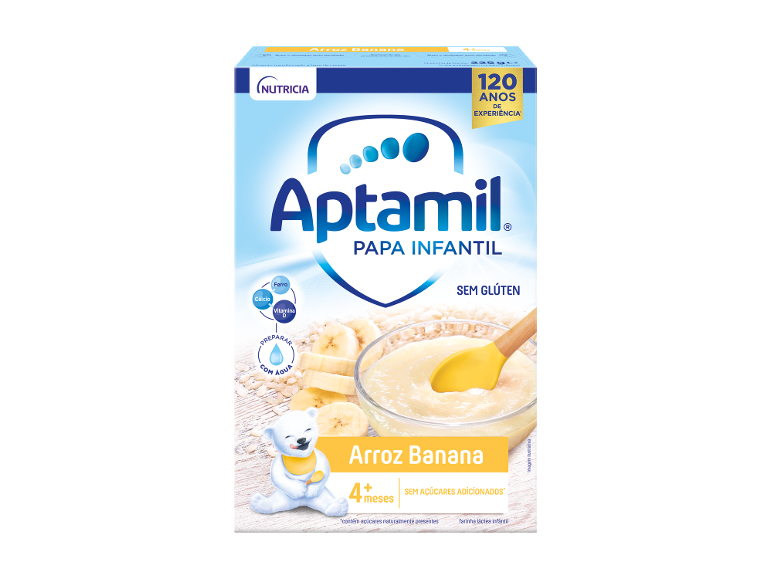 Papa infantil de arroz e banana, sem glúten, para bebés a partir dos 4 meses.