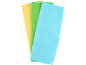 Três panos de limpeza de microfibra coloridos em amarelo, verde e azul.