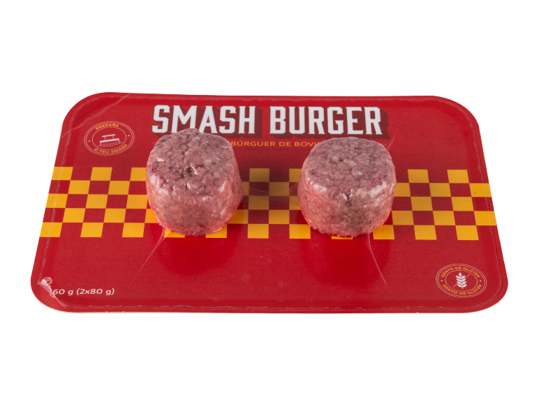 Hambúrgueres de carne de vaca Smash Burger em embalagem, 2x80g, sem glúten.