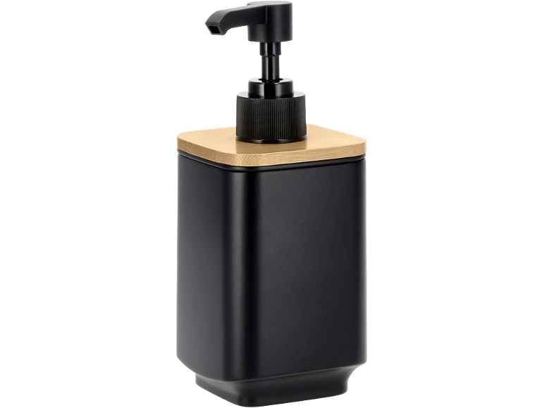 Dispensador de sabão preto mate com bomba e tampa de bambu.