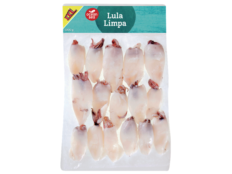 Lulas limpas embaladas com o rótulo 'Lula Limpa' e '1000 g'.