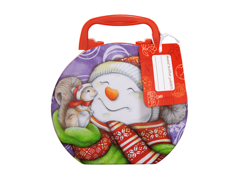 Mala de Natal com boneco de neve e esquilo, etiqueta com 'Dieser Koffer gehört:'