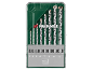 Um conjunto de brocas para alvenaria de 3 a 10 mm numa caixa verde e transparente.