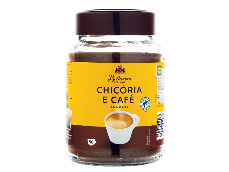 Frasco de Bellarom Chicória e Café Solúvel com o logótipo do Lidl.