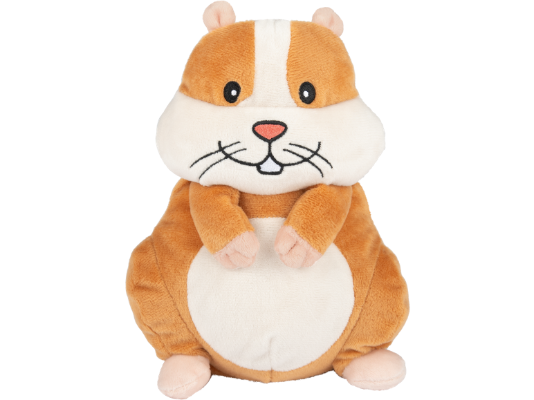 Peluche de hamster castanho e branco com bochechas cheias e um sorriso