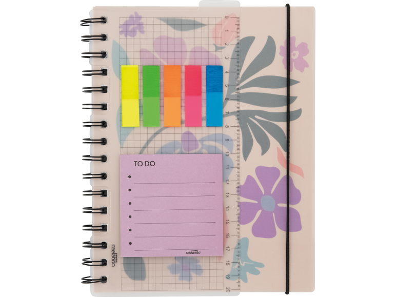 Caderno de argolas com régua, separadores adesivos e notas de tarefas, com padrão floral rosa.