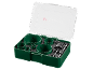 Conjunto de serras copo verdes com brocas e adaptadores numa caixa transparente.