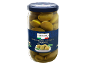 Frasco de azeitonas verdes em salmoura, com um rótulo de estilo italiano.