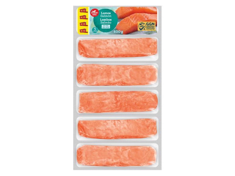 Embalagem com cinco lombos de salmão XXL sem pele, 600g.