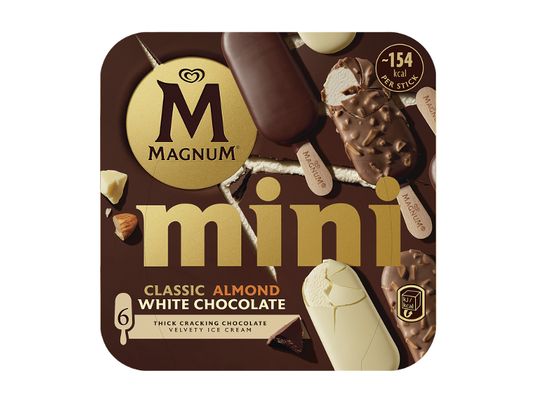 Mini gelados de pau: clássico, amêndoa e chocolate branco, cerca de 154 kcal.