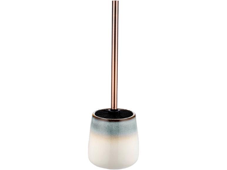 Escova de sanita com suporte cerâmico branco e azul-esverdeado, e cabo cor de cobre.