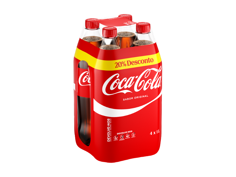 Embalagem de quatro garrafas de refrigerante sabor cola, com a indicação '20% de desconto'.