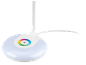 Candeeiro de secretária LED branco com base redonda e controlo tátil de cor.