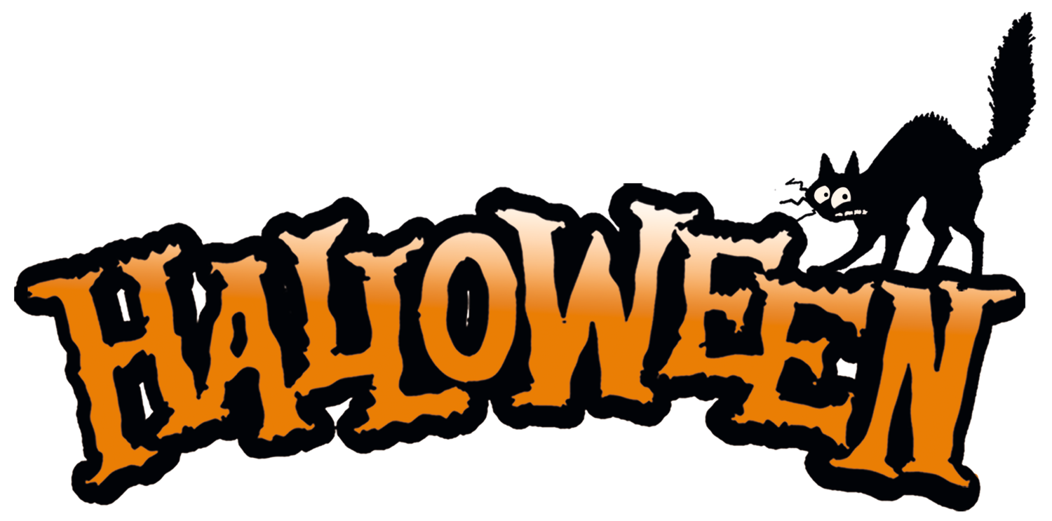 Logótipo de Halloween com um gato preto assustado na palavra.