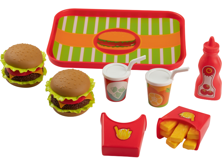 Conjunto de comida de brinquedo com hambúrgueres, batatas fritas, bebidas e condimentos num tabuleiro.