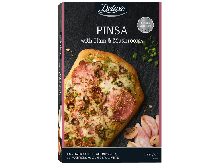 Pinsa congelada com fiambre e cogumelos, base estilo focaccia.
