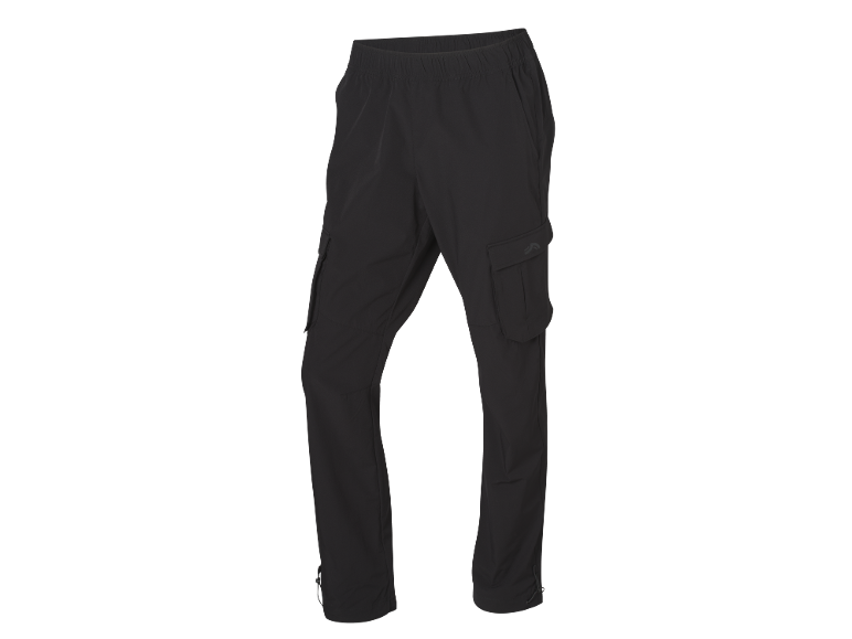 Calças de caminhada pretas masculinas com bolsos laterais e cós elástico.
