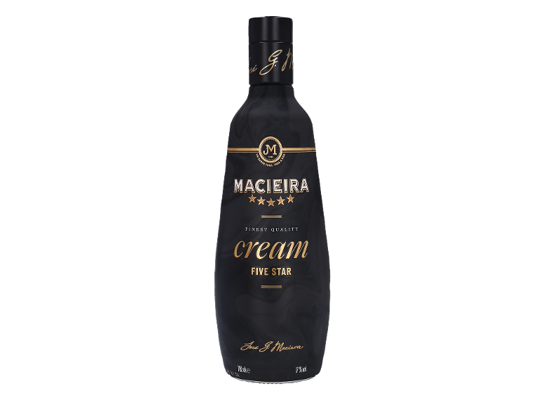 Garrafa de licor creme preta com letras douradas, cinco estrelas e o texto 'Finest Quality'.