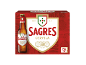 Uma embalagem vermelha com 15 garrafas de cerveja, com uma garrafa em primeiro plano e um logótipo de escudo.