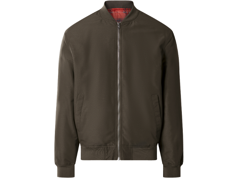 Blusão bomber masculino verde escuro com forro xadrez vermelho e fecho prateado.