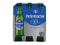 Pack de seis cervejas sem álcool em garrafas verdes com rótulos azuis.