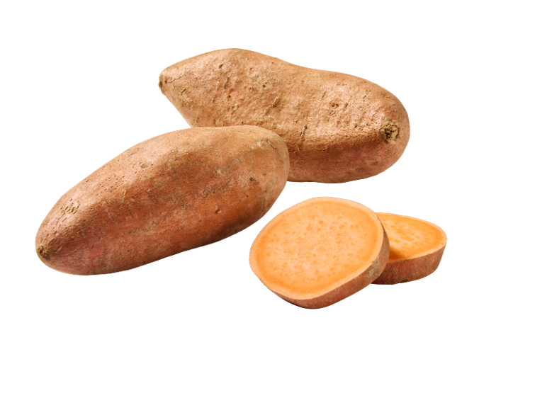Batatas doces inteiras e fatiadas com polpa laranja.