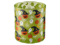 Suporte de vela de vidro com tema de Halloween: abóboras com chapéus, fantasmas e teias de aranha em fundo verde.