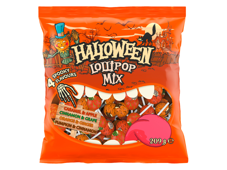 Saco festivo de mistura de chupa-chupas de Halloween com sabores a caramelo, maçã, canela, uva, laranja, gengibre e abóbora.